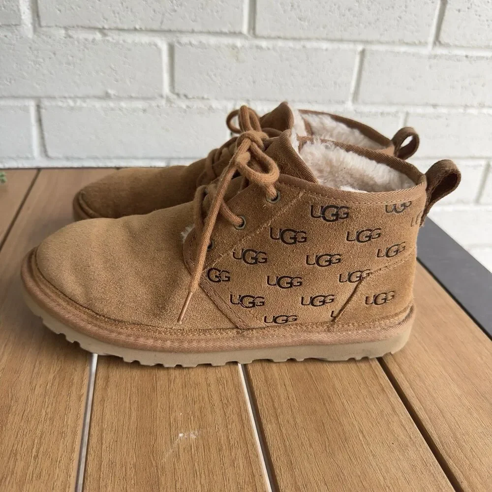 UGG Neumel Embossed Logo Chukka Boot Chestnut Suede Men’s 8 Shearling Lace Up